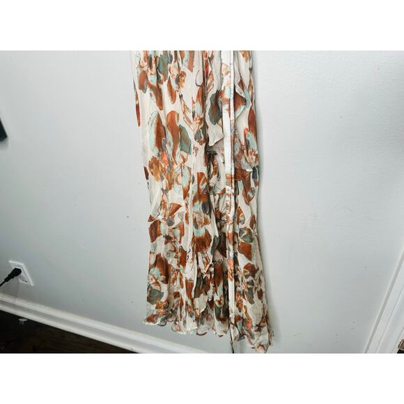 TANYA TAYLOR Floral Brown White Wrap Ruffle Sleeves Floral Blaire Dress Size 4 - Picture 8 of 13